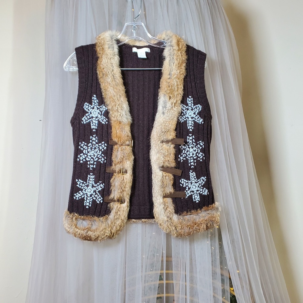 Penny Lane Brown Lambswool Rabbit Fur Trim Festival Vest Fair Isle Nordic Size M
